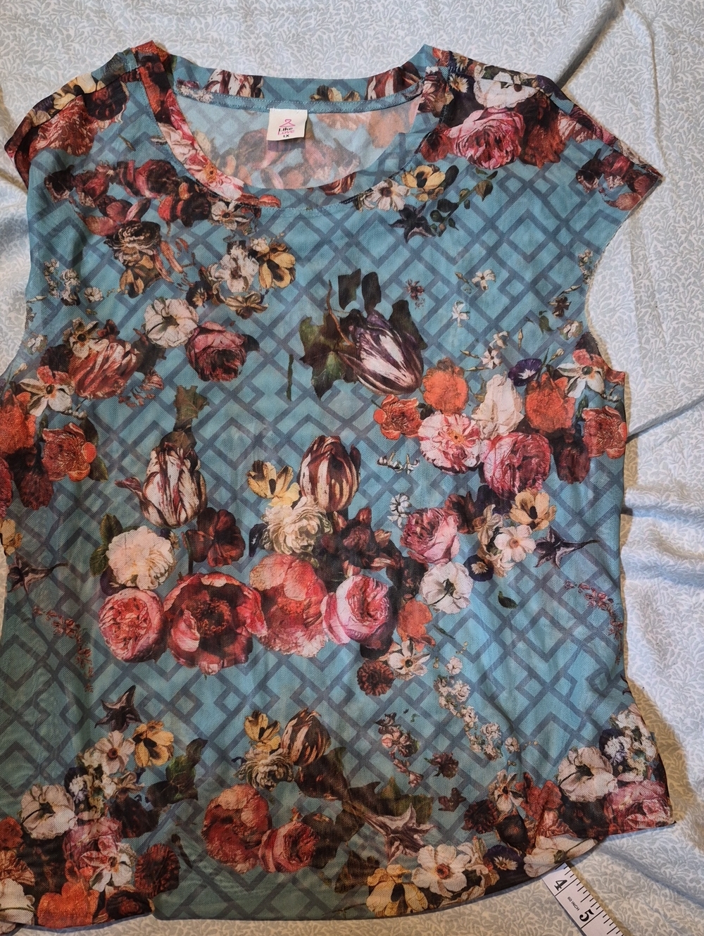 Aqua Floral Cap-Sleeve Blouse